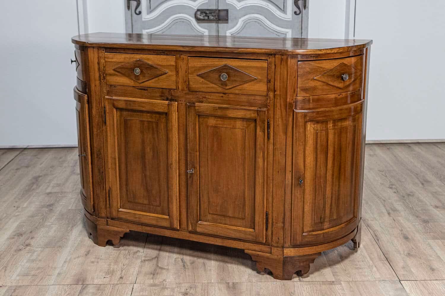 Italian 19th Century Walnut Credenza with Diamond Motifs and Rounded Sides - JAA