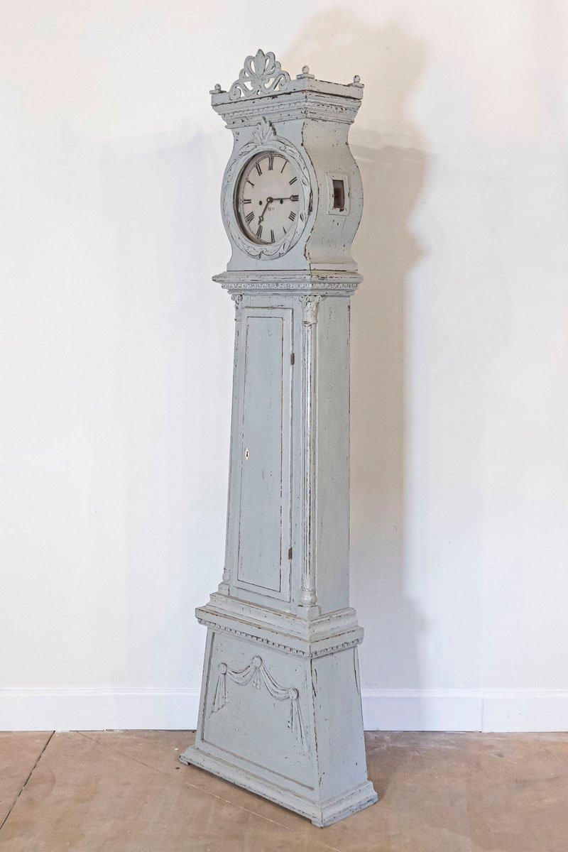 Swedish Neoclassical Style Painted Wood Longcase Clock with Carved Palmette - JAA