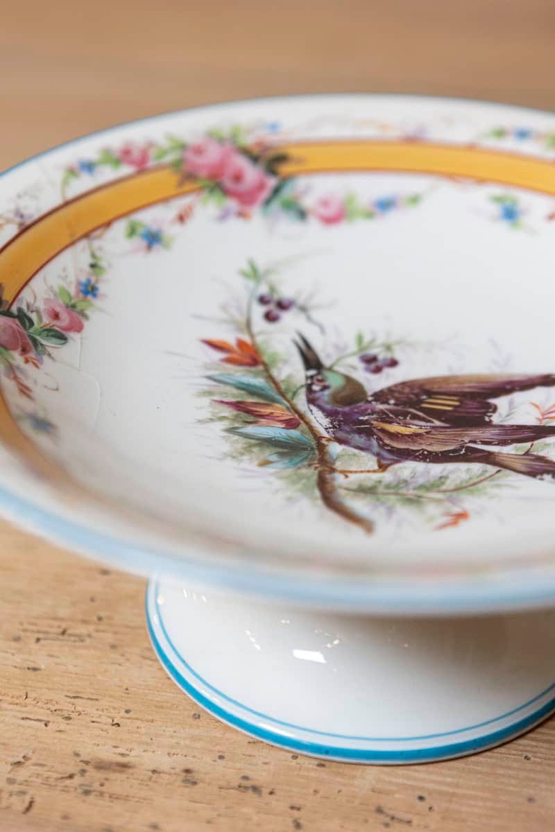 Early 20th Century, French Hand-Painted Porcelain Compote with Birds and Floral Motif - JAA