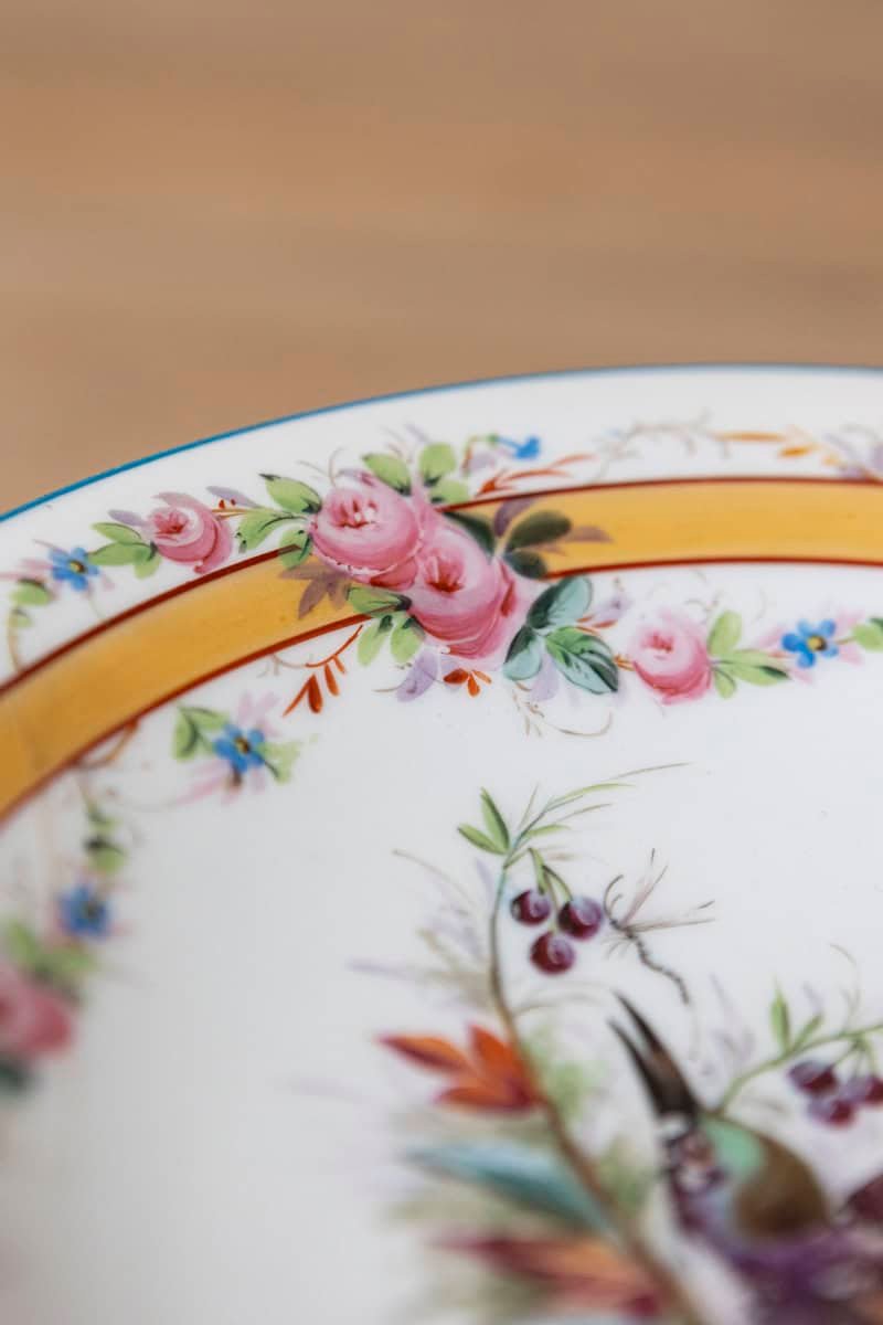 Early 20th Century, French Hand-Painted Porcelain Compote with Birds and Floral Motif - JAA