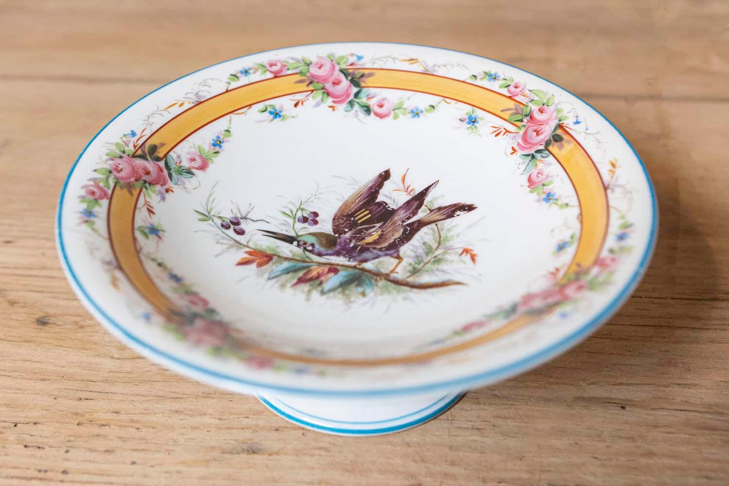 Early 20th Century, French Hand-Painted Porcelain Compote with Birds and Floral Motif - JAA