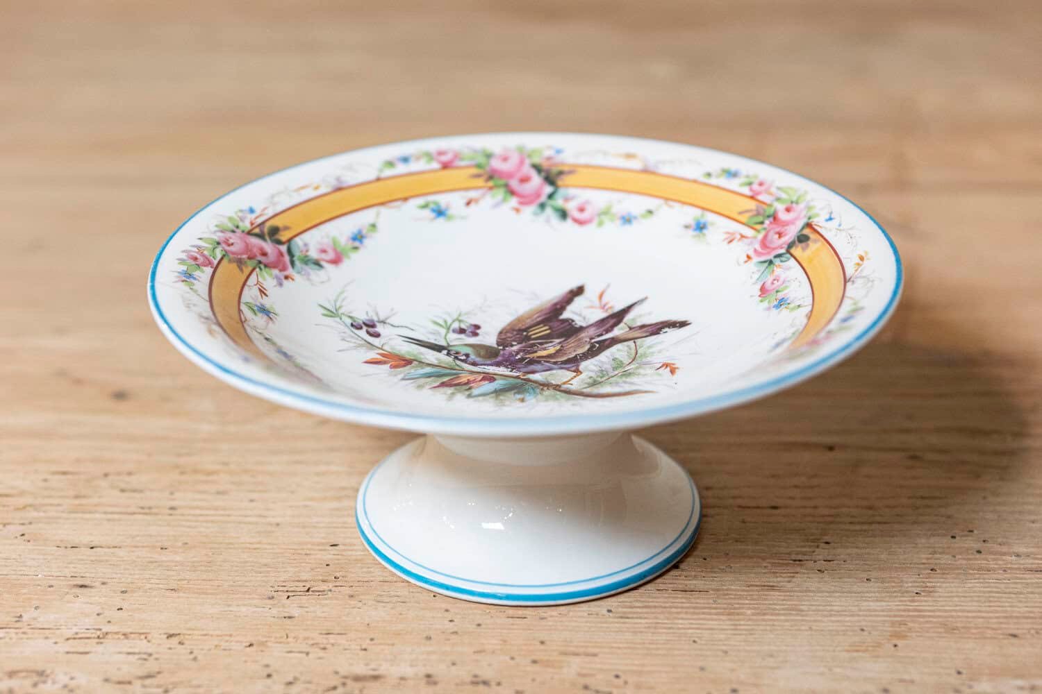 Early 20th Century, French Hand-Painted Porcelain Compote with Birds and Floral Motif - JAA