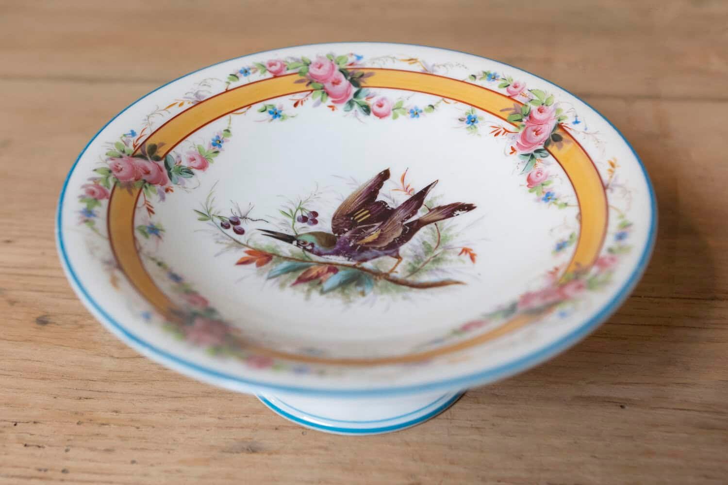 Early 20th Century, French Hand-Painted Porcelain Compote with Birds and Floral Motif - JAA