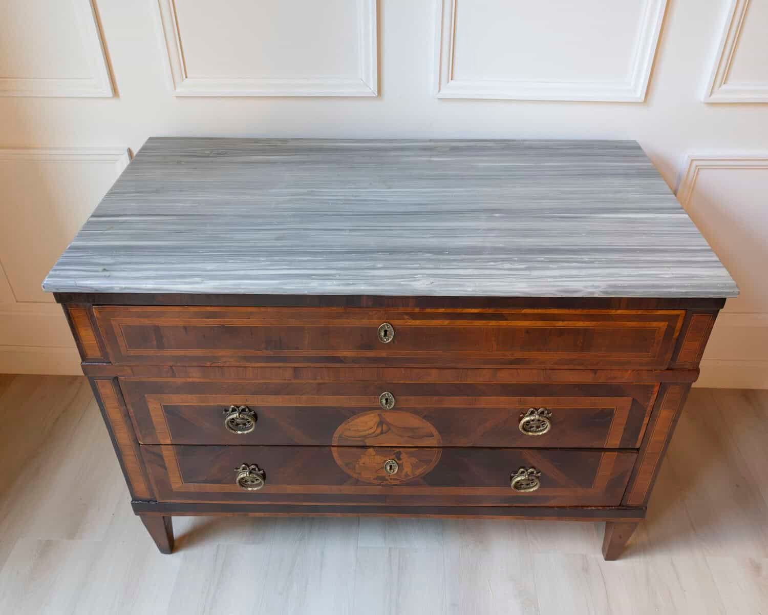 Italian Louis XVI Marquetry Chest of Drawers with Gray Marble Top, 18th Century - JAA