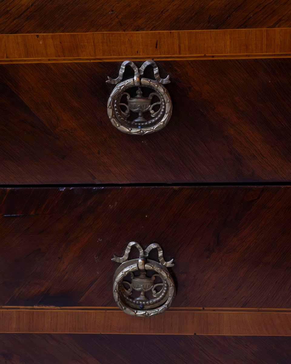 Italian Louis XVI Marquetry Chest of Drawers with Gray Marble Top, 18th Century - JAA