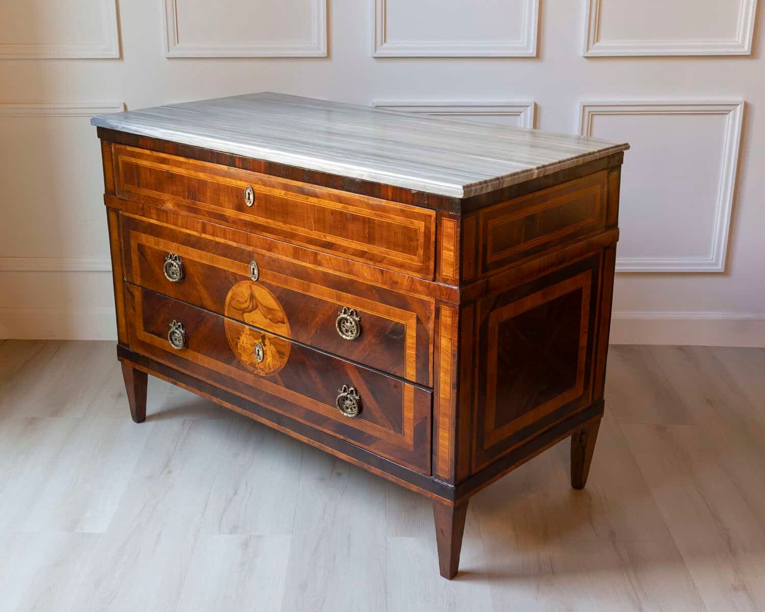 Italian Louis XVI Marquetry Chest of Drawers with Gray Marble Top, 18th Century - JAA