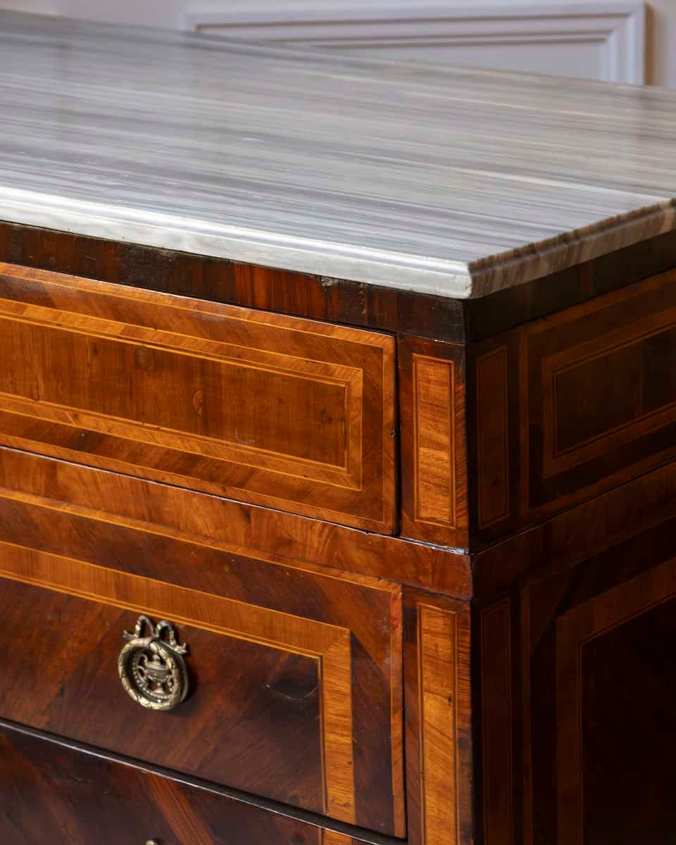 Italian Louis XVI Marquetry Chest of Drawers with Gray Marble Top, 18th Century - JAA