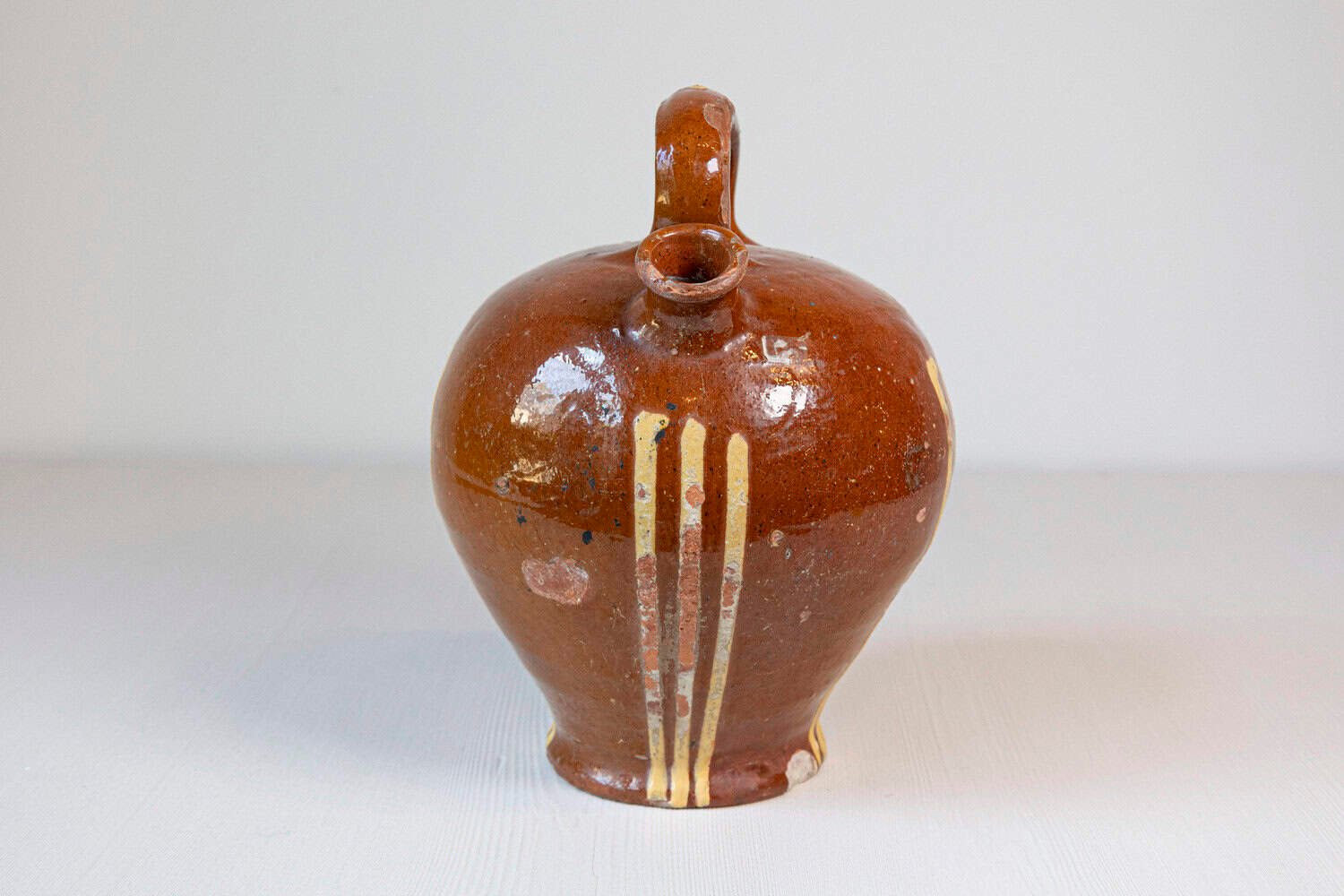 Rustic French 19th Century Pottery Jug with Russet Ground and Yellow Stripes - JAA