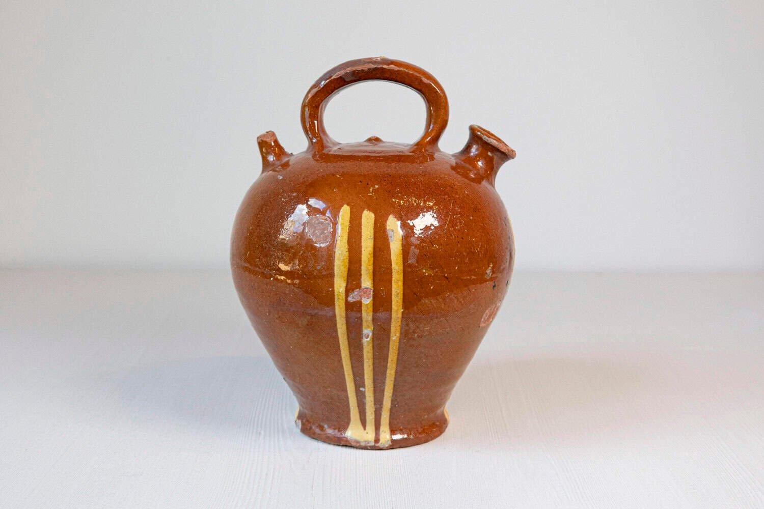 Rustic French 19th Century Pottery Jug with Russet Ground and Yellow Stripes - JAA
