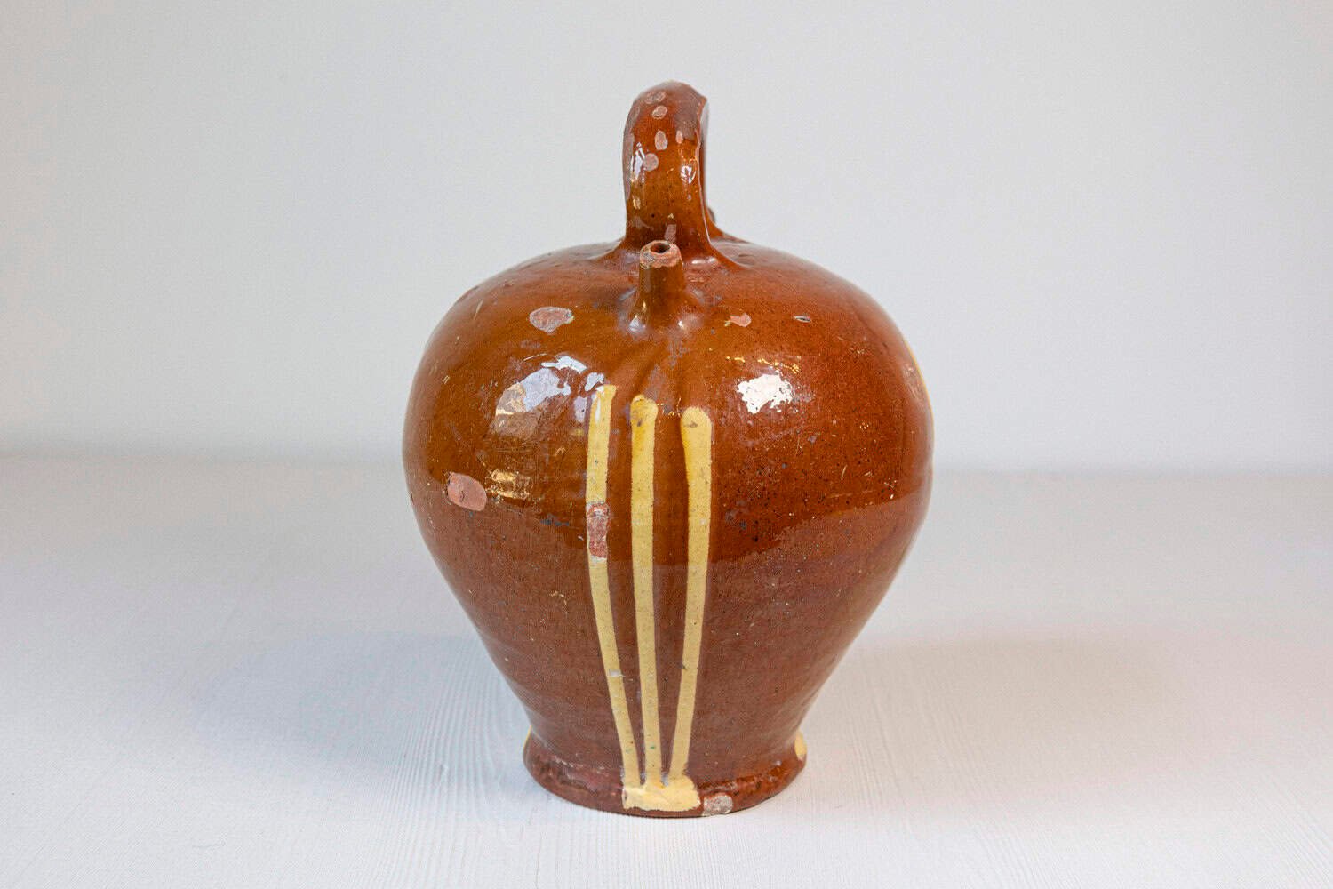 Rustic French 19th Century Pottery Jug with Russet Ground and Yellow Stripes - JAA