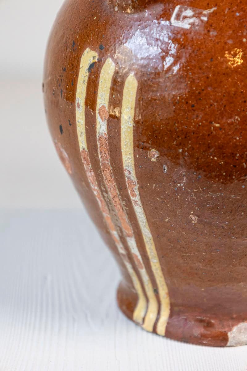 Rustic French 19th Century Pottery Jug with Russet Ground and Yellow Stripes - JAA