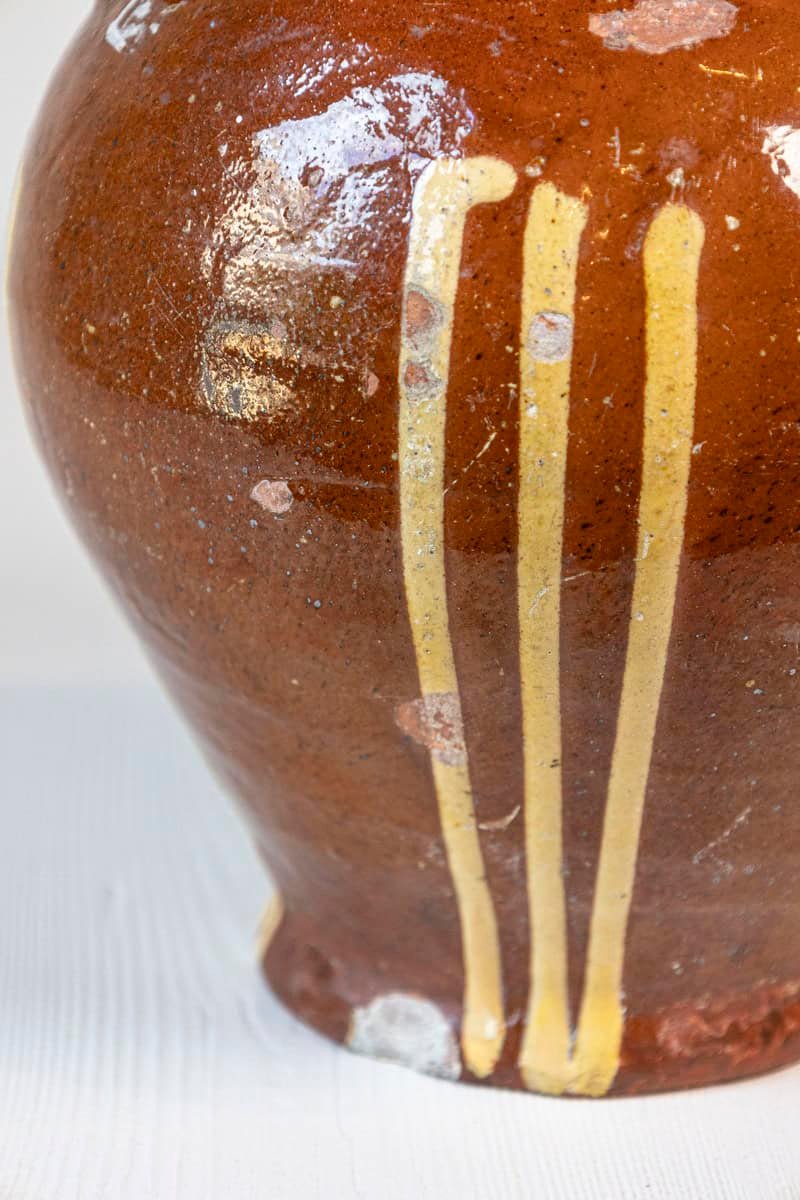 Rustic French 19th Century Pottery Jug with Russet Ground and Yellow Stripes - JAA