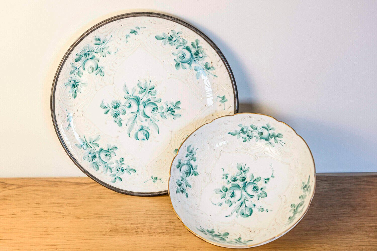 French Limoges Porcelain Bowl with Green Bouquet of Roses and Underplate - JAA