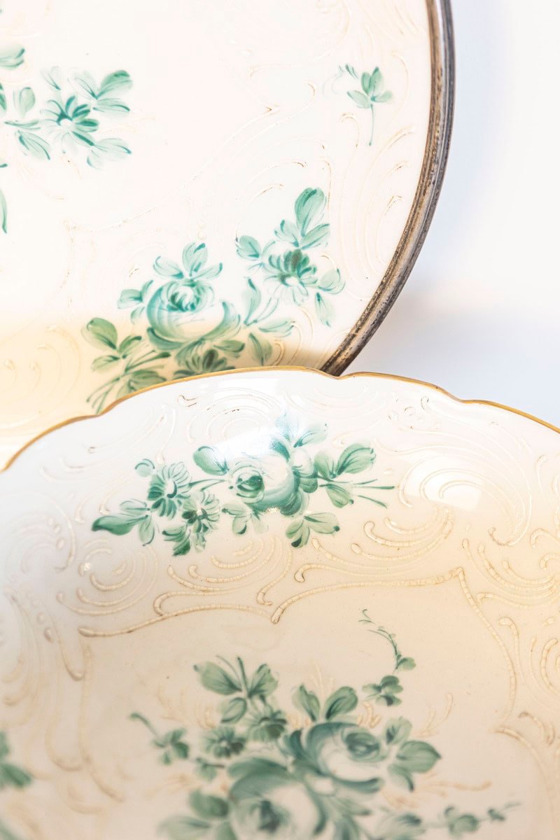 French Limoges Porcelain Bowl with Green Bouquet of Roses and Underplate - JAA