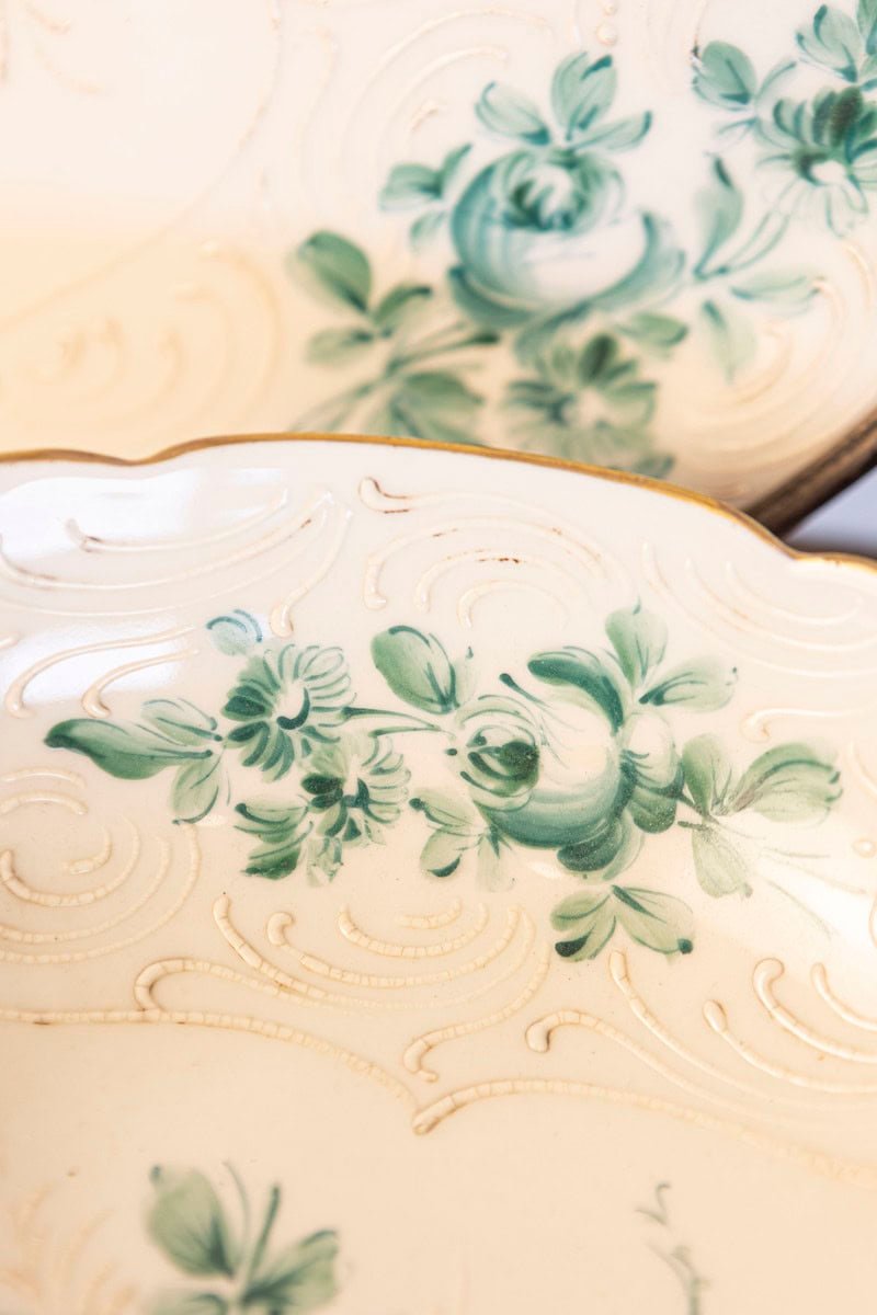 French Limoges Porcelain Bowl with Green Bouquet of Roses and Underplate - JAA