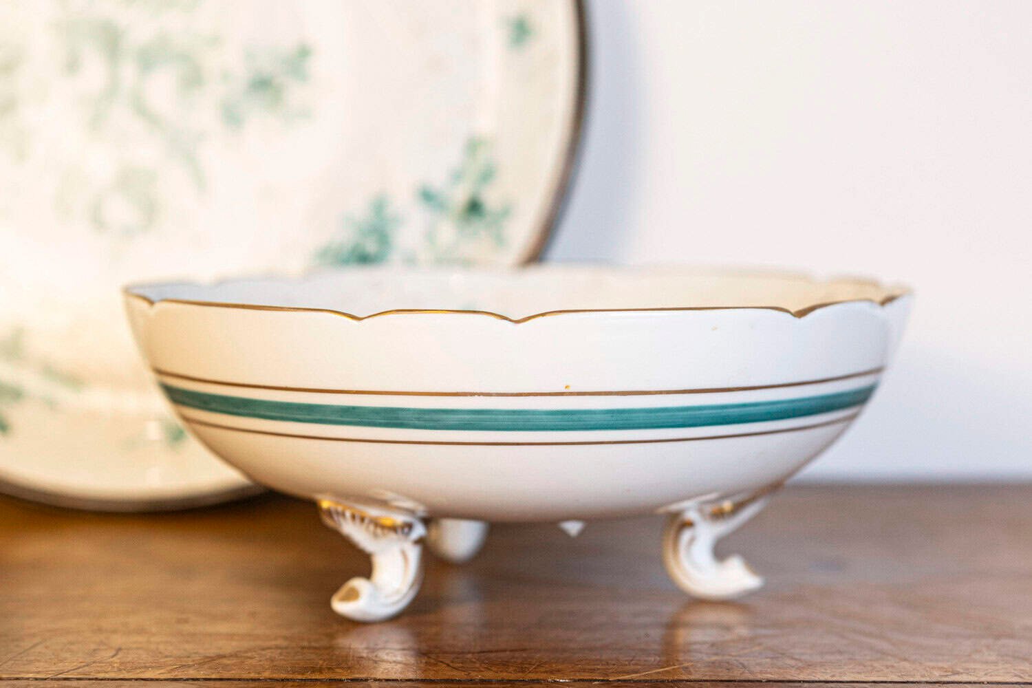 French Limoges Porcelain Bowl with Green Bouquet of Roses and Underplate - JAA