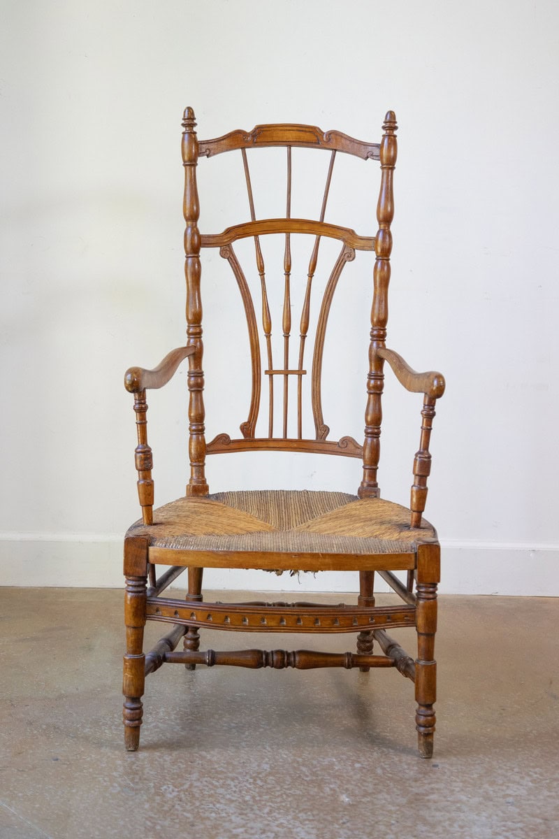 40% OFF at Checkout. Rustic French 1890s Cherry Wood Armchair with Rush Seat and Sheaf Back - JAA