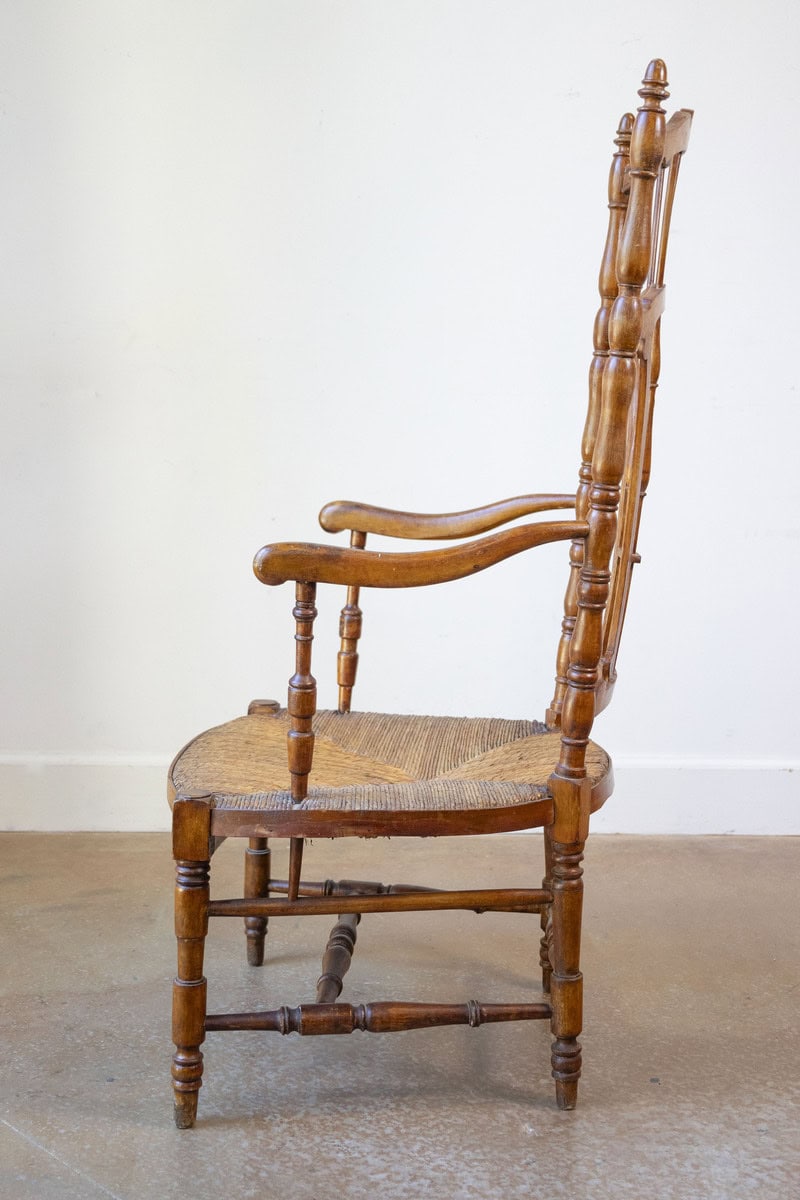 40% OFF at Checkout. Rustic French 1890s Cherry Wood Armchair with Rush Seat and Sheaf Back - JAA