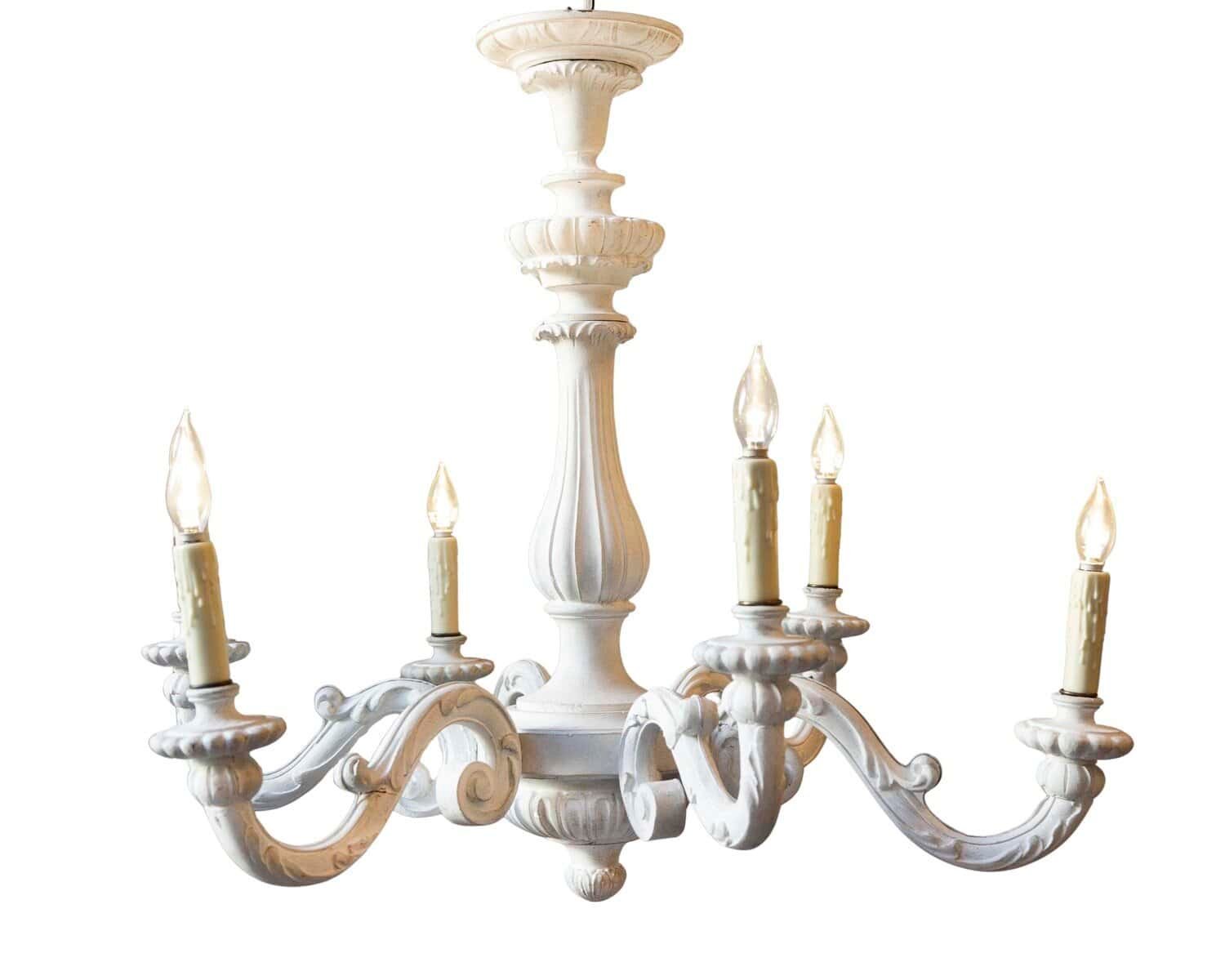 20th-Century Italian Painted Wood Chandelier with Carved Scroll Arms