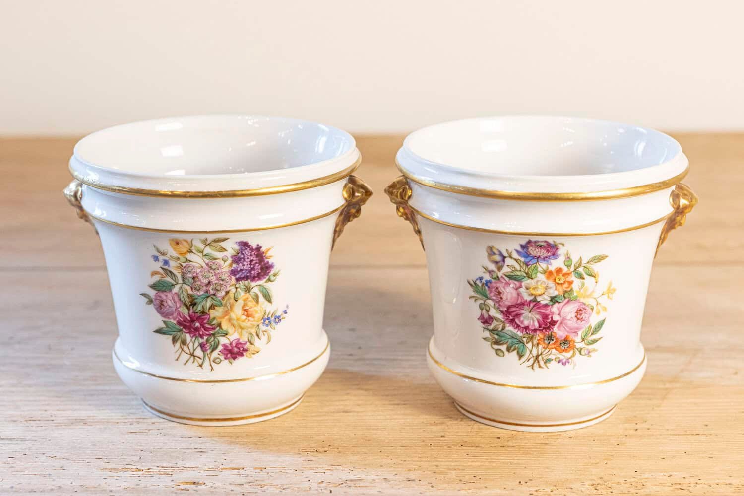 Pair of French Late 18th Century Paris Porcelain Cachepots with Floral Décor - JAA