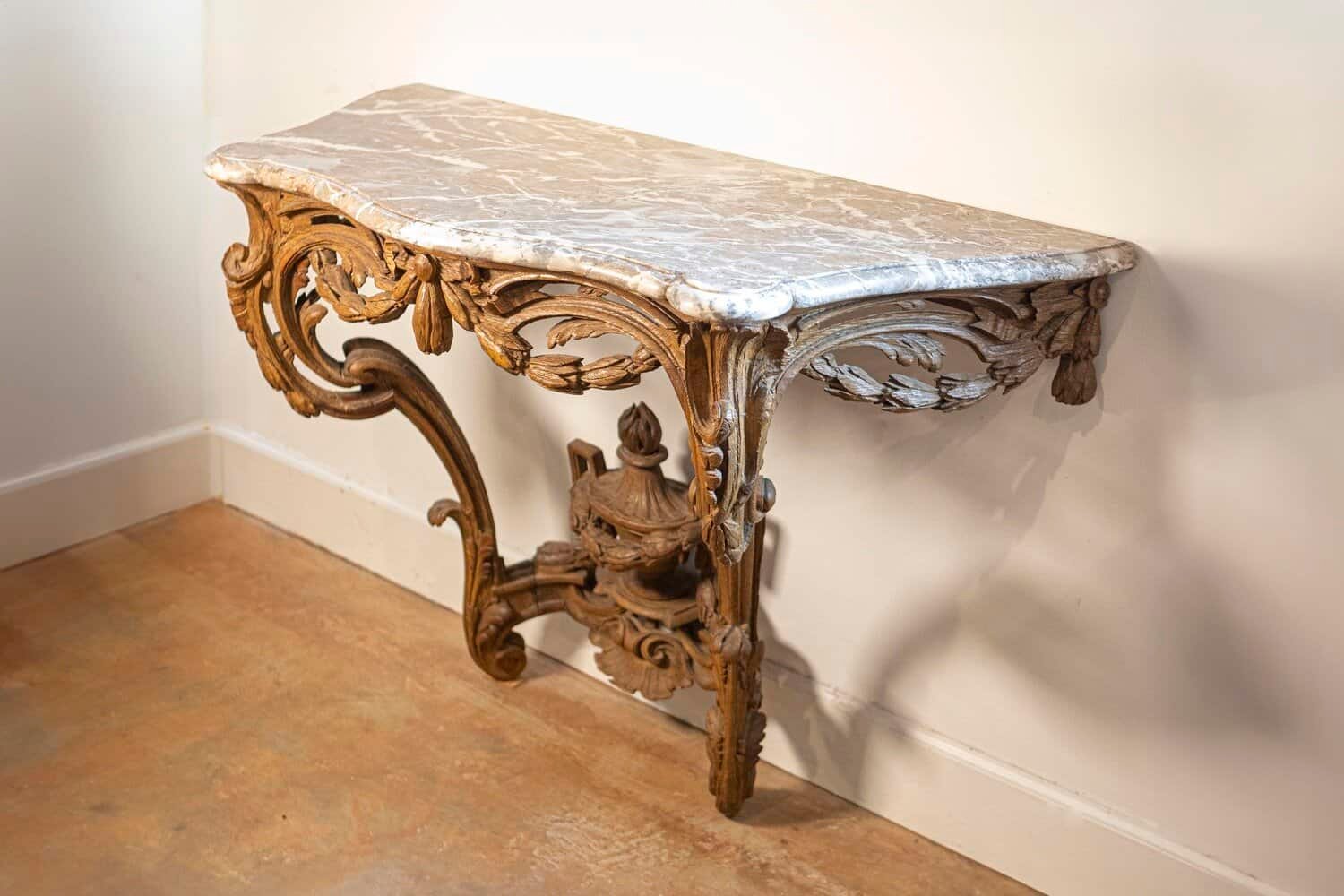 French Louis XV Period Carved Wood Console Table with Marble Top, circa 1760 - JAA