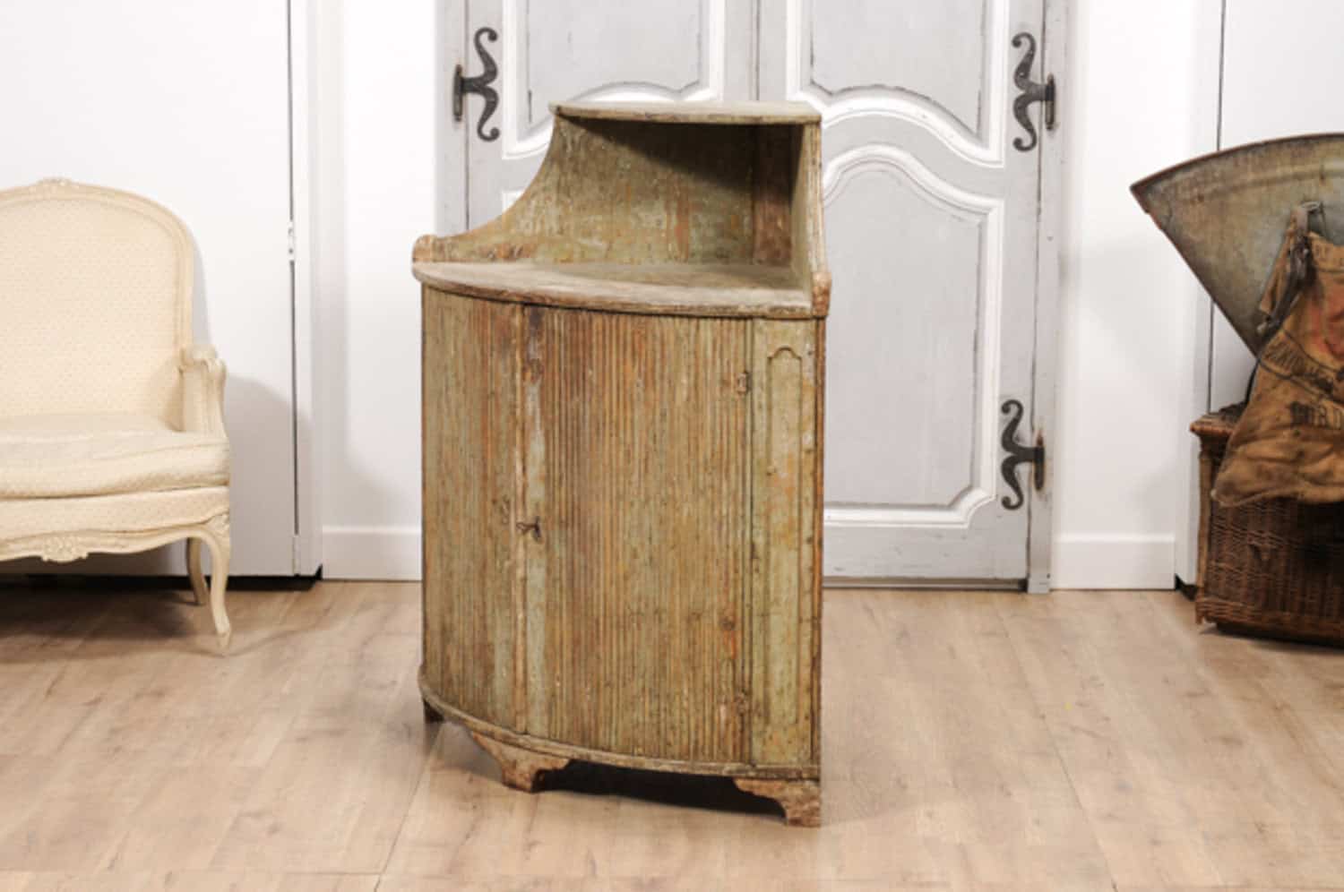 18th Century Gustavian Period Swedish Painted Corner Buffet with Reeded Doors - JAA