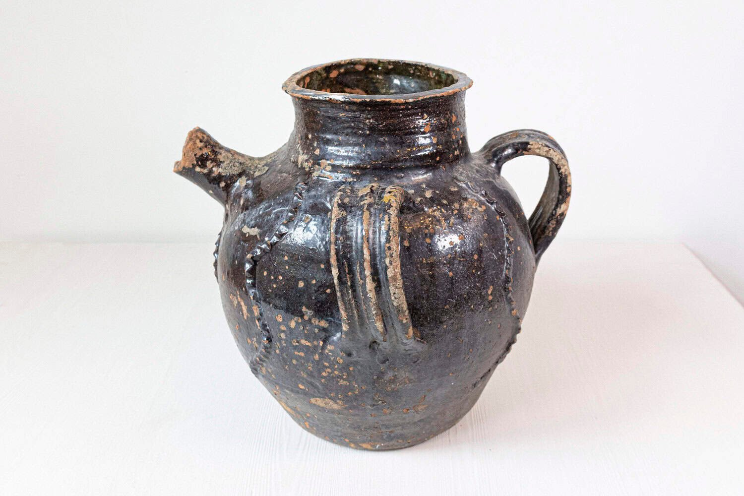 French Provincial 19th Century Glazed Pottery Pouring Jug with Three Handles - JAA