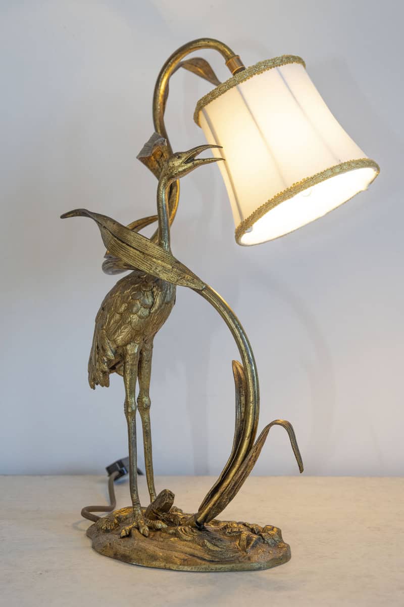20th Century French Gilt Bronze Heron Lamp with Leaf Motif and Silk Shade - JAA