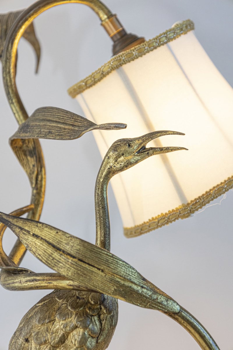 20th Century French Gilt Bronze Heron Lamp with Leaf Motif and Silk Shade - JAA