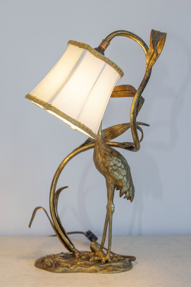 20th Century French Gilt Bronze Heron Lamp with Leaf Motif and Silk Shade - JAA