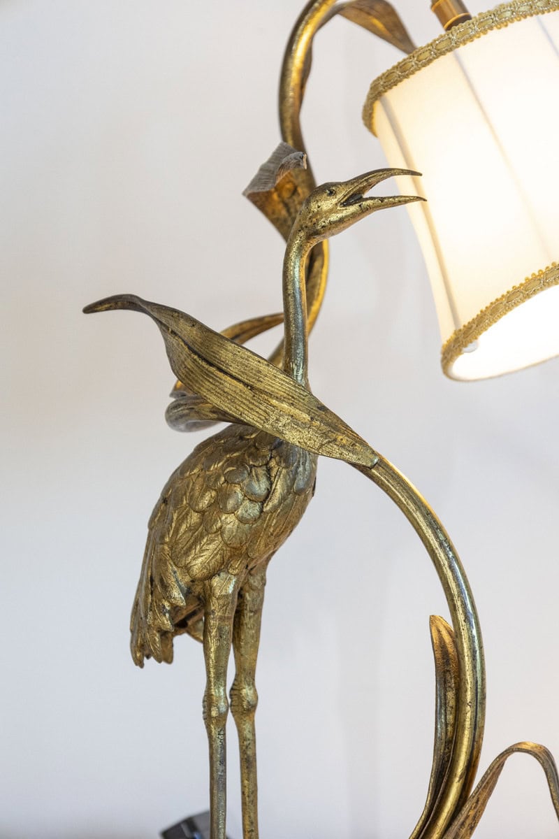 20th Century French Gilt Bronze Heron Lamp with Leaf Motif and Silk Shade - JAA