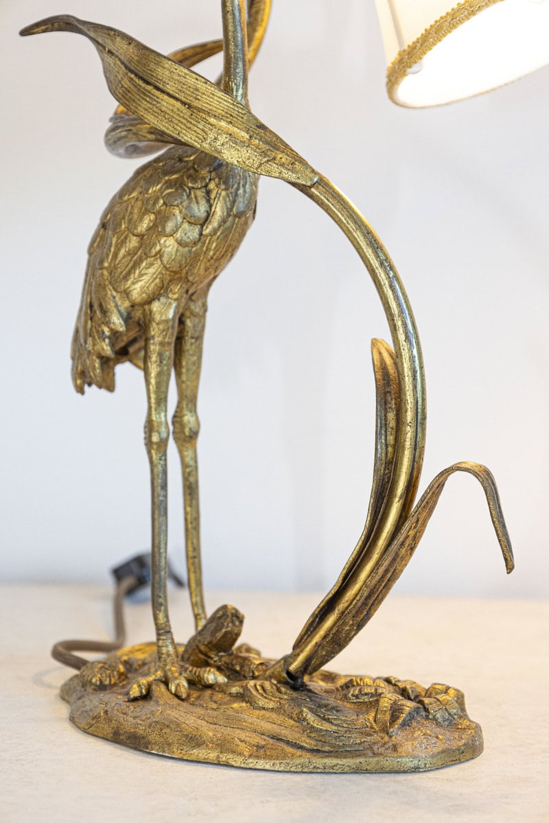 20th Century French Gilt Bronze Heron Lamp with Leaf Motif and Silk Shade - JAA