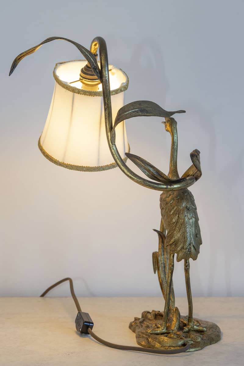 20th Century French Gilt Bronze Heron Lamp with Leaf Motif and Silk Shade - JAA
