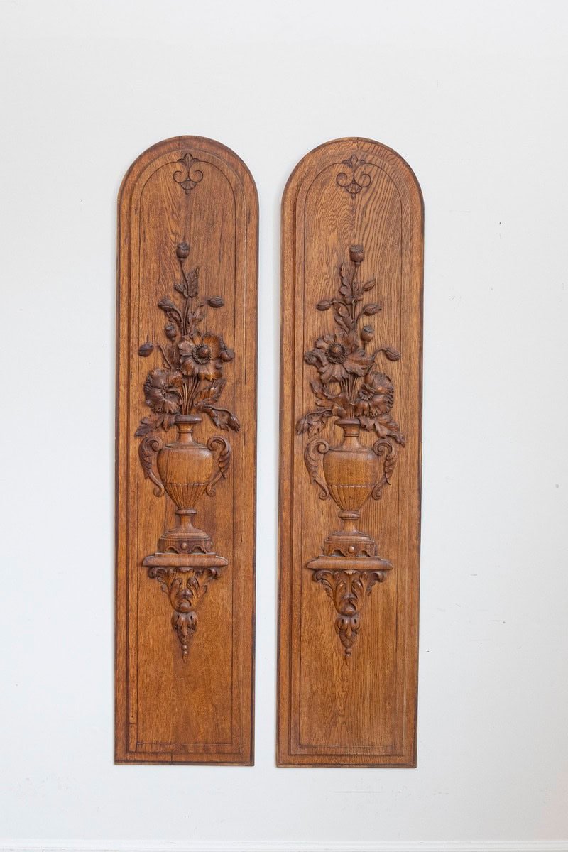 Pair of French 19th Century Carved Oak Vertical Panels with Bouquets in Vases - JAA