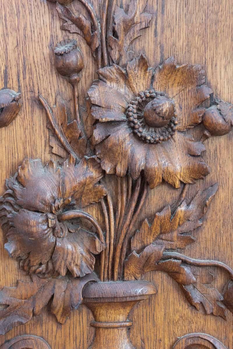 Pair of French 19th Century Carved Oak Vertical Panels with Bouquets in Vases - JAA