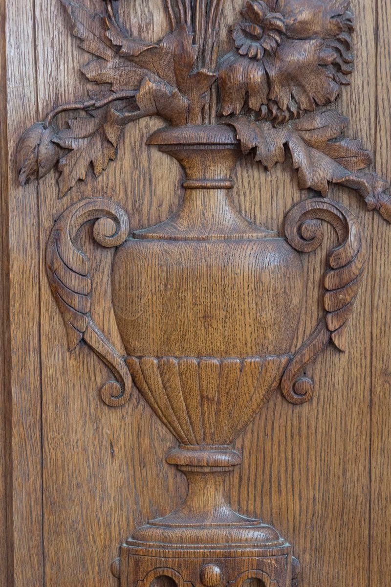 Pair of French 19th Century Carved Oak Vertical Panels with Bouquets in Vases - JAA
