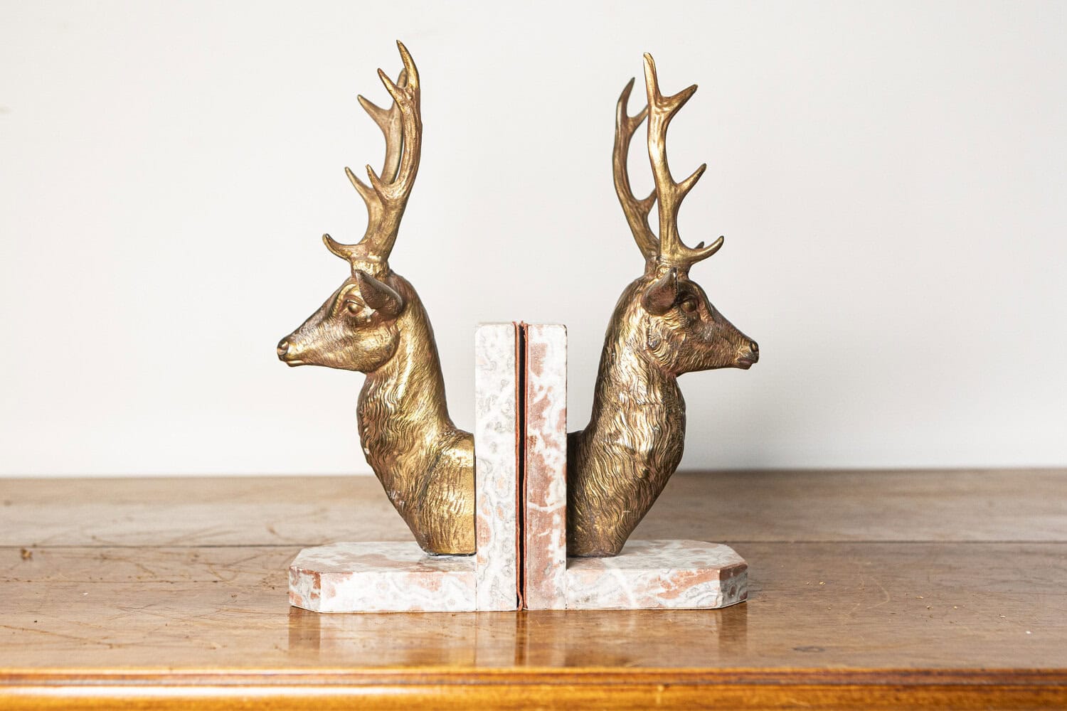 Pair of 20th-Century French Stag Bookends in Gilded Metal and Marble - JAA