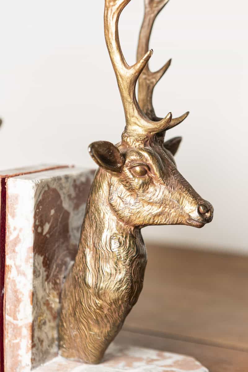 Pair of 20th-Century French Stag Bookends in Gilded Metal and Marble - JAA