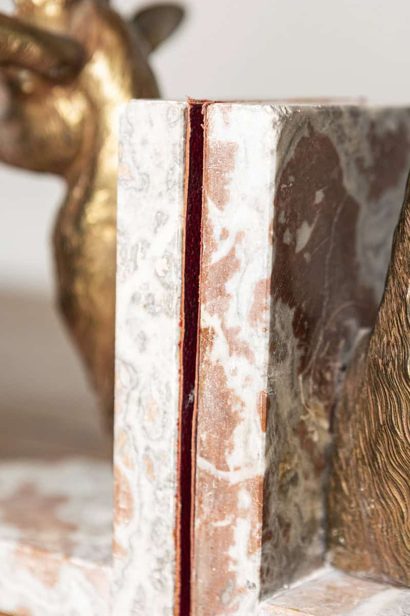 Pair of 20th-Century French Stag Bookends in Gilded Metal and Marble - JAA