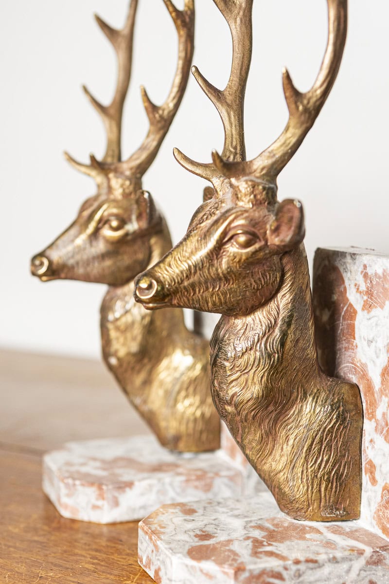 Pair of 20th-Century French Stag Bookends in Gilded Metal and Marble - JAA