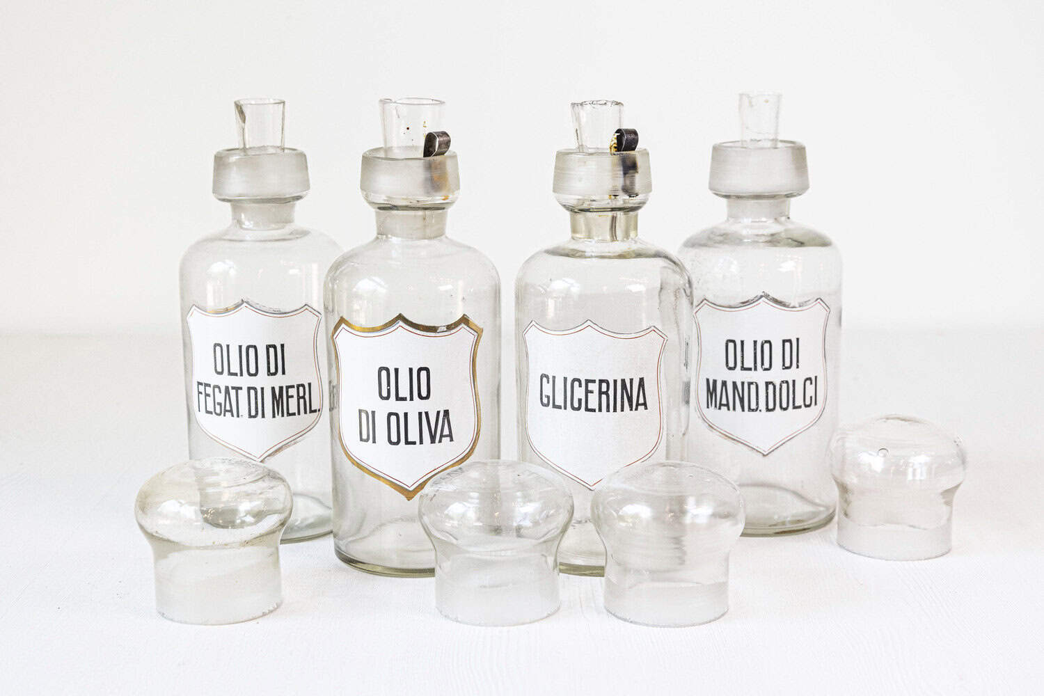 4 Vintage Italian Glass Pharmacy Jars with Labels, Sold Each - JAA