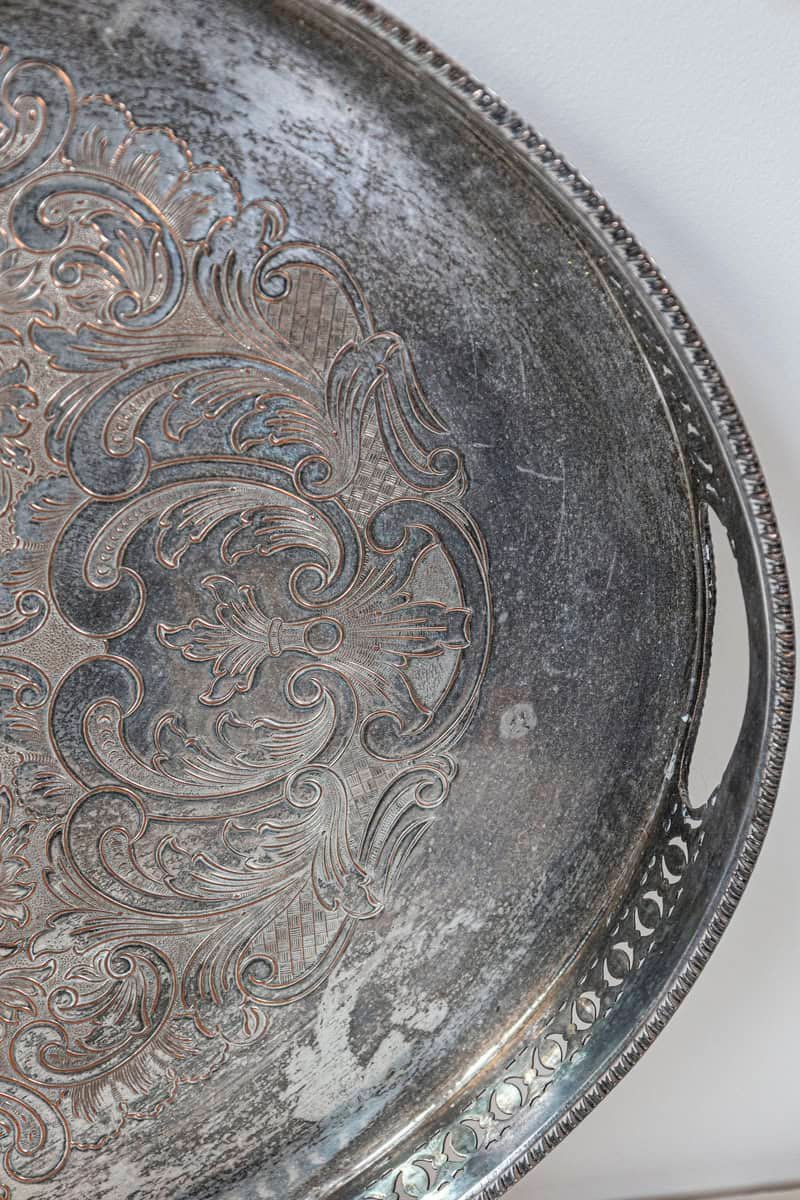 English Edwardian Period Silver Plated Tray with Pierced Motifs and C-Scrolls - JAA