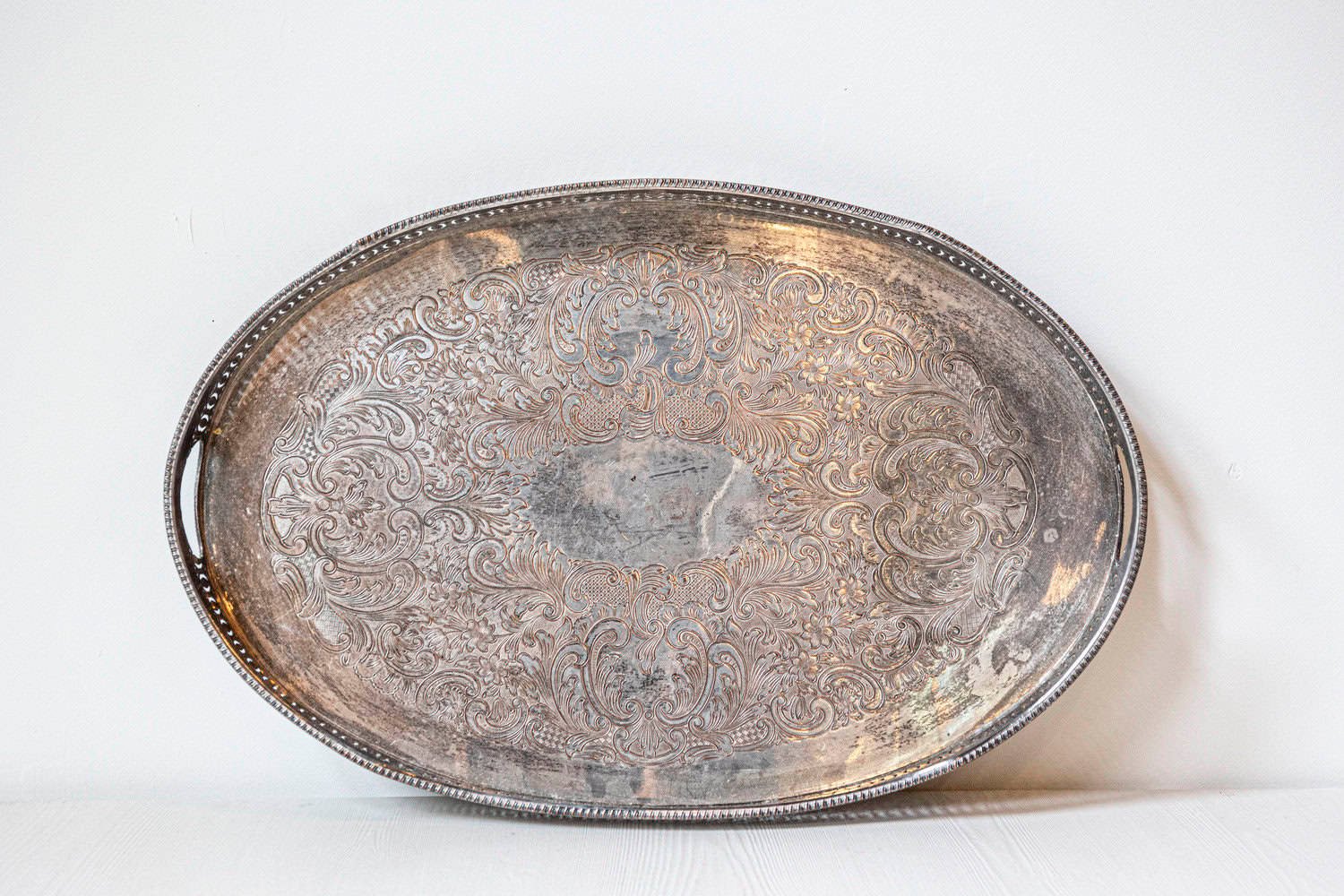 English Edwardian Period Silver Plated Tray with Pierced Motifs and C-Scrolls - JAA
