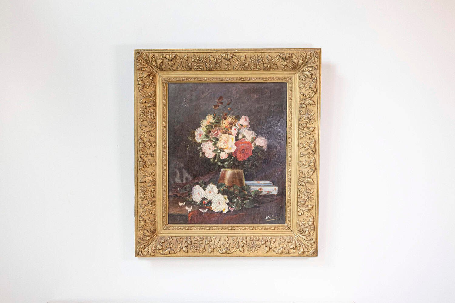 19th Century French Floral Still-Life Painting Depicting Roses in Original Frame - JAA