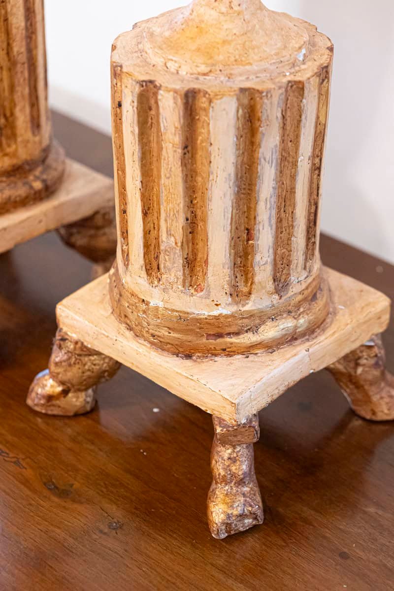 Pair of 18th Century Neoclassical Painted and Gilded Candlesticks with Hoof Feet - JAA