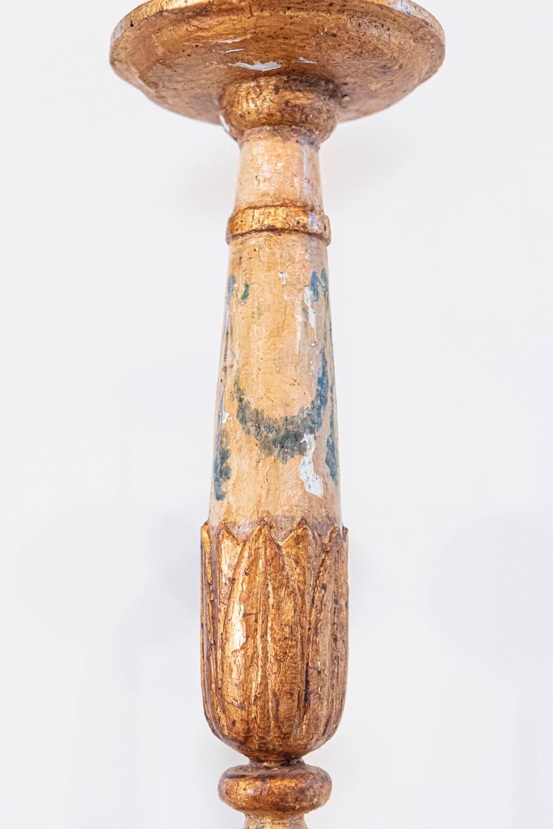 Pair of 18th Century Neoclassical Painted and Gilded Candlesticks with Hoof Feet - JAA