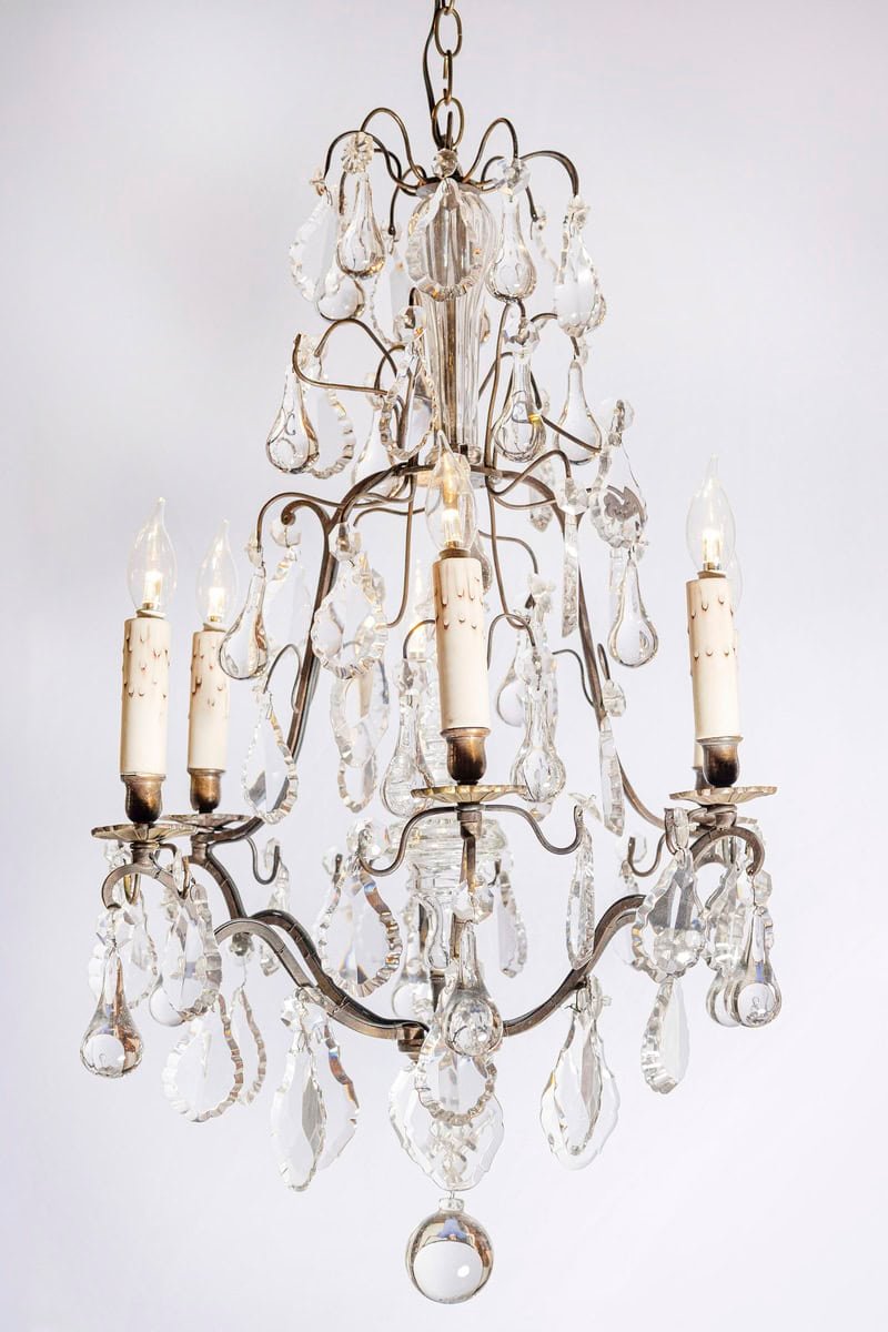 French 19th Century Six-Light Brass Chandelier with Pendeloques and Teardrops - JAA