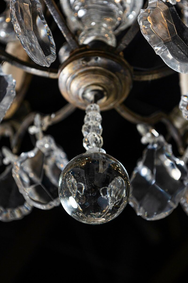 French 19th Century Six-Light Brass Chandelier with Pendeloques and Teardrops - JAA