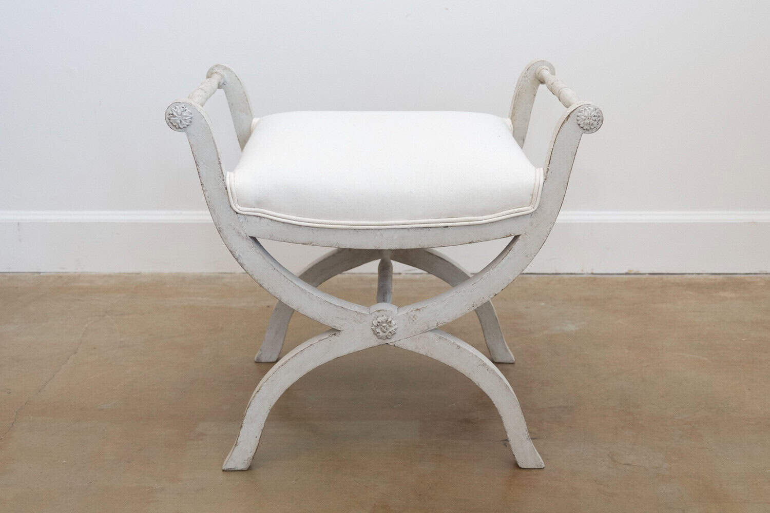 Swedish 1830s Empire Style Painted and Upholstered Stool with Spindle Arms - JAA