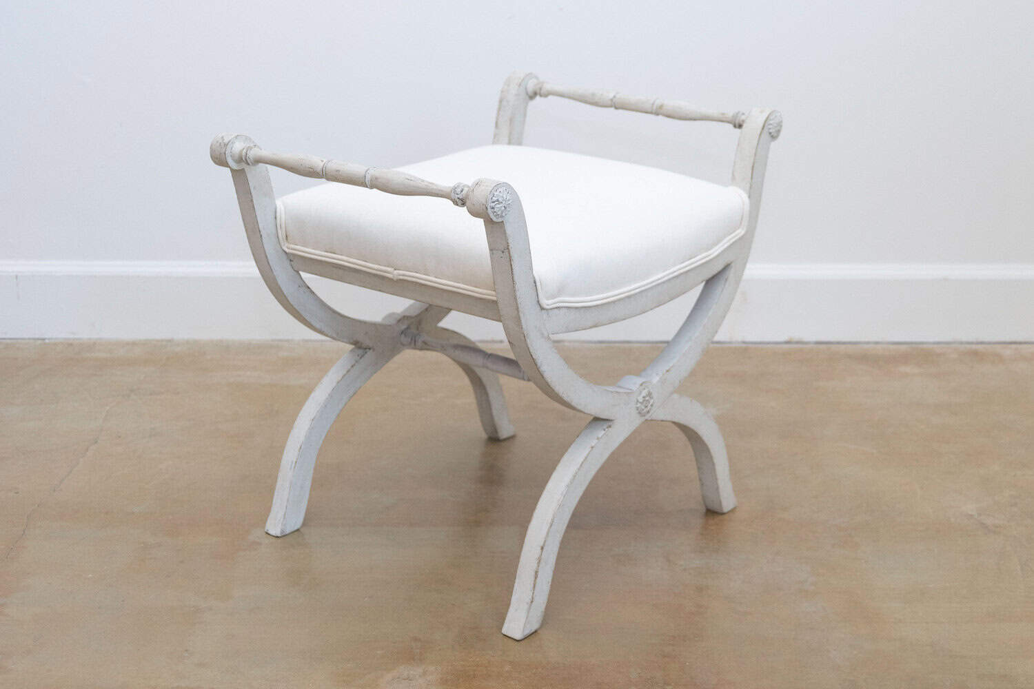 Swedish 1830s Empire Style Painted and Upholstered Stool with Spindle Arms - JAA